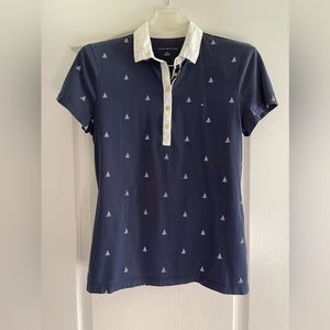 Tommy Hilfiger Polo Shirt, Short Sleeve, Navy Blue/White, Womens Large, Nautical